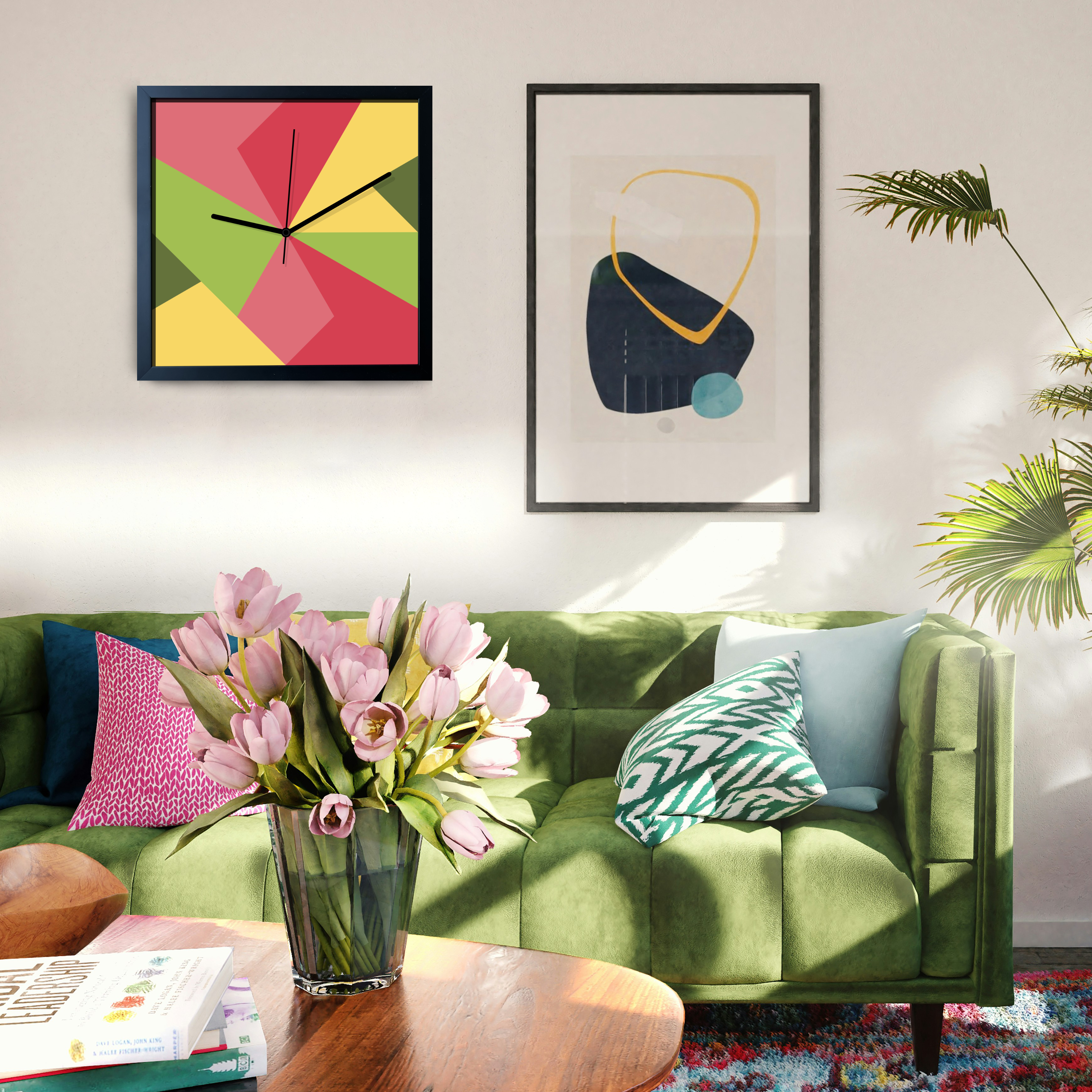 Design-Wanduhr Pattern Clock – Motiv tropical – Vollholzrahmen – lautloses Uhrwerk